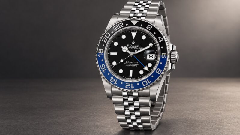 Illustration of the Rolex GMT-Master II 126710BLNR-0002 on Jubilee bracelet.