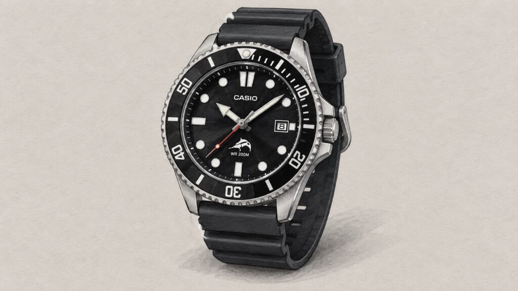 AI editorial illustration of the Casio MDV-106-1AV watch.