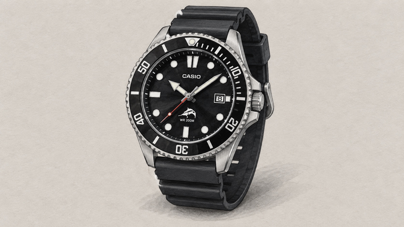 AI editorial illustration of the Casio MDV-106-1AV watch.