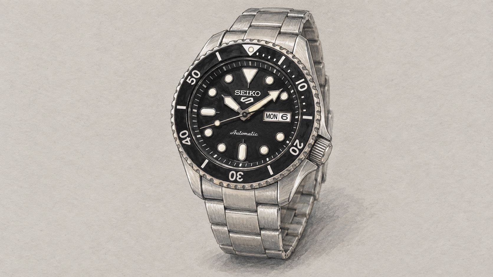 AI editorial illustration of the Seiko SRPD55K1 watch.
