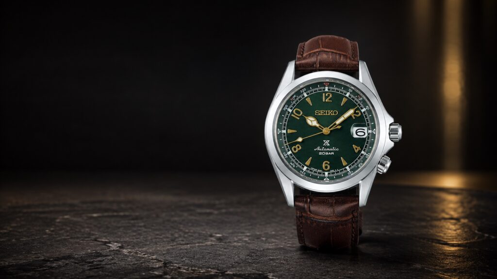 Seiko Prospex Alpinist SPB121J1 in an AI-composed dark studio setting.