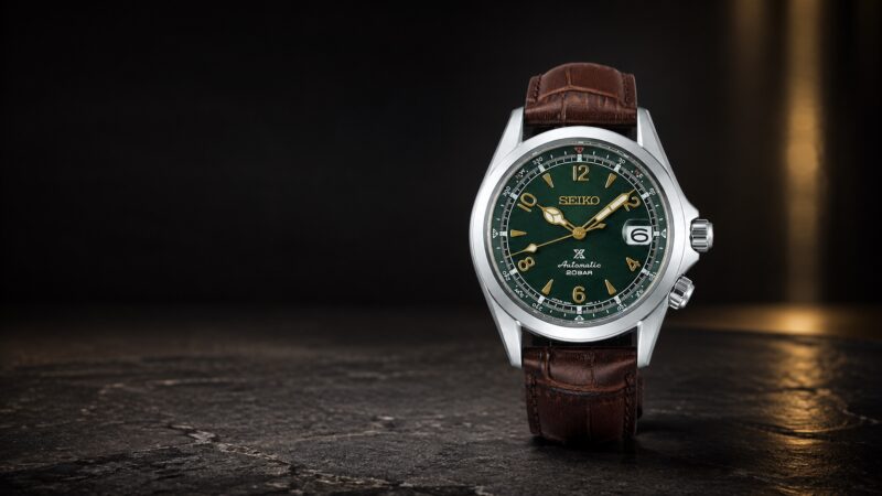 Seiko Prospex Alpinist SPB121J1 in an AI-composed dark studio setting.