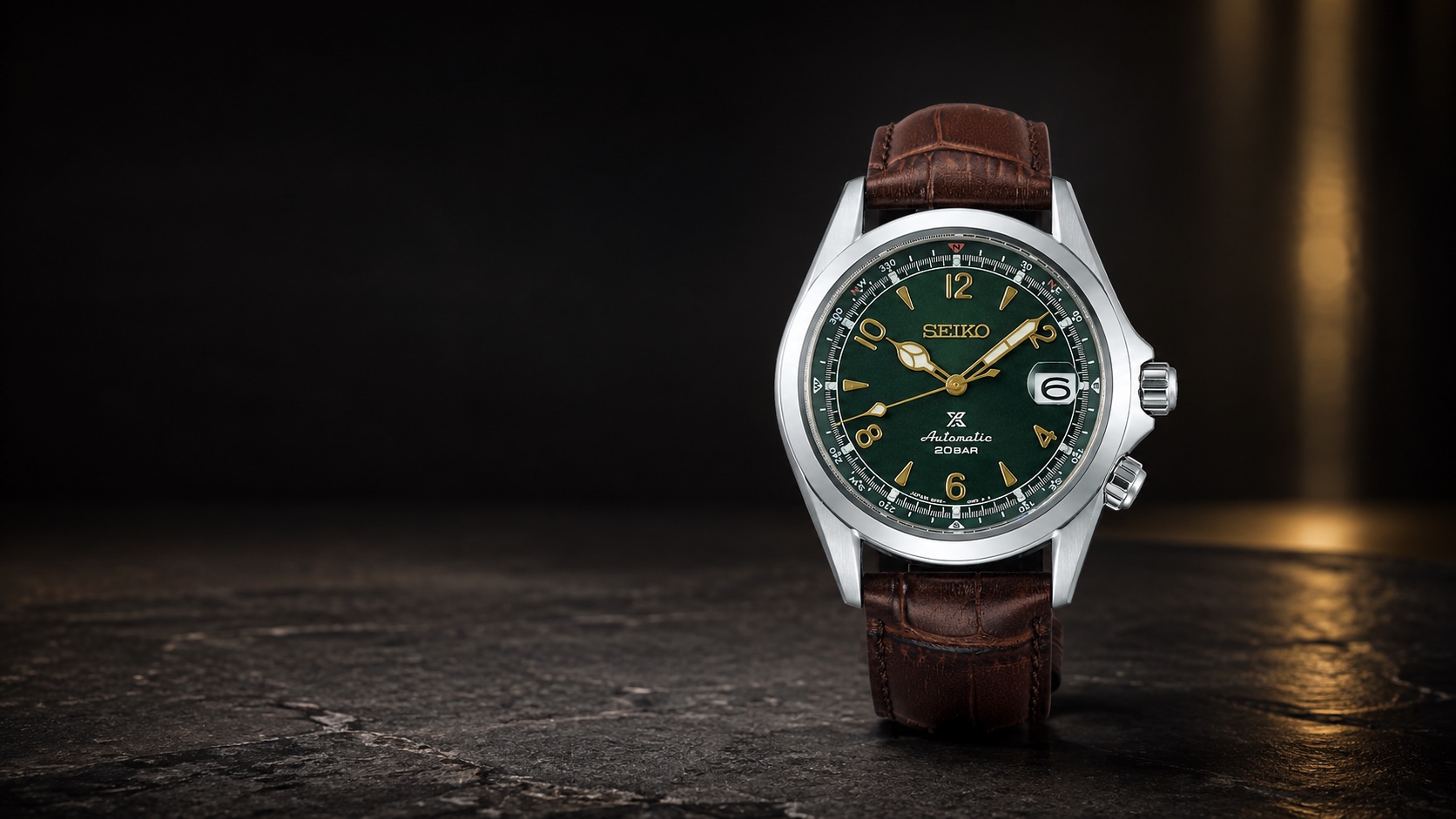 Seiko Prospex Alpinist SPB121J1 in an AI-composed dark studio setting.