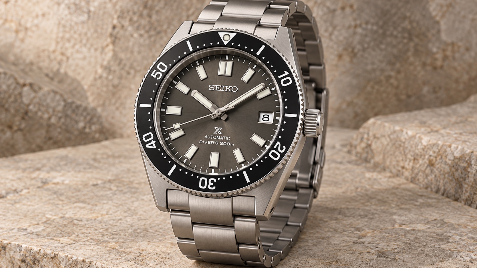Illustration of the Seiko Prospex SPB143J1 with grey dial and steel bracelet.