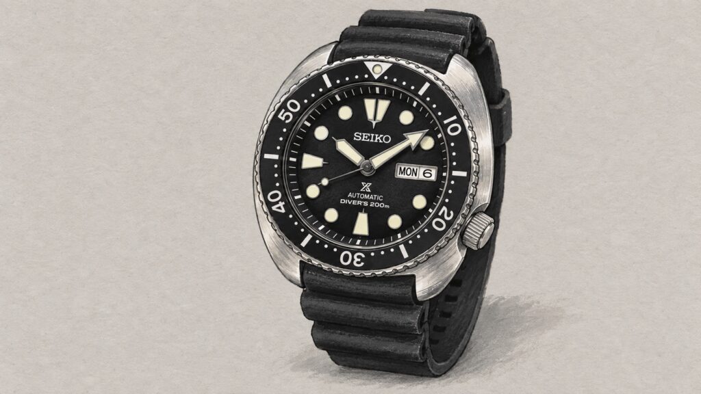 AI editorial illustration of the Seiko SRPE93K1 watch.