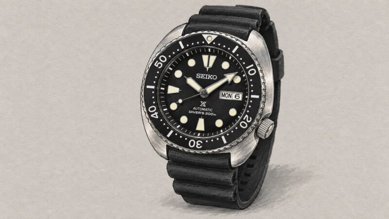 AI editorial illustration of the Seiko SRPE93K1 watch.