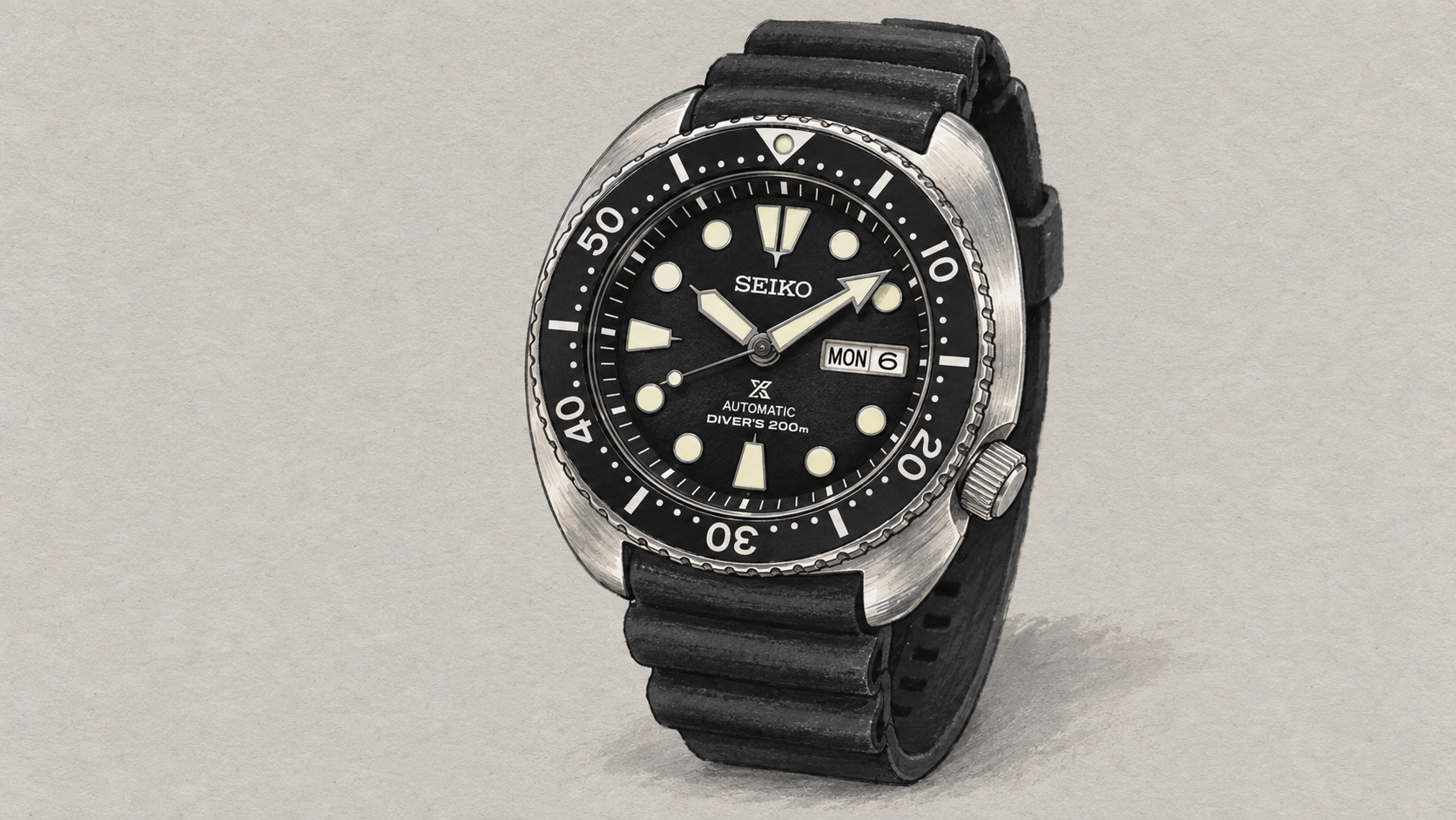 AI editorial illustration of the Seiko SRPE93K1 watch.