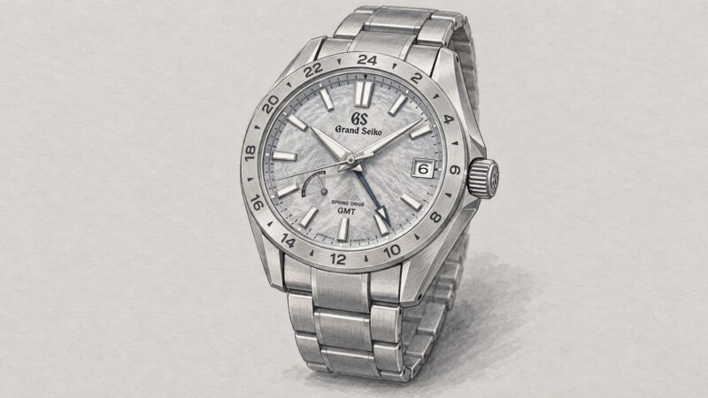 AI editorial illustration of the Grand Seiko SBGE285 watch.