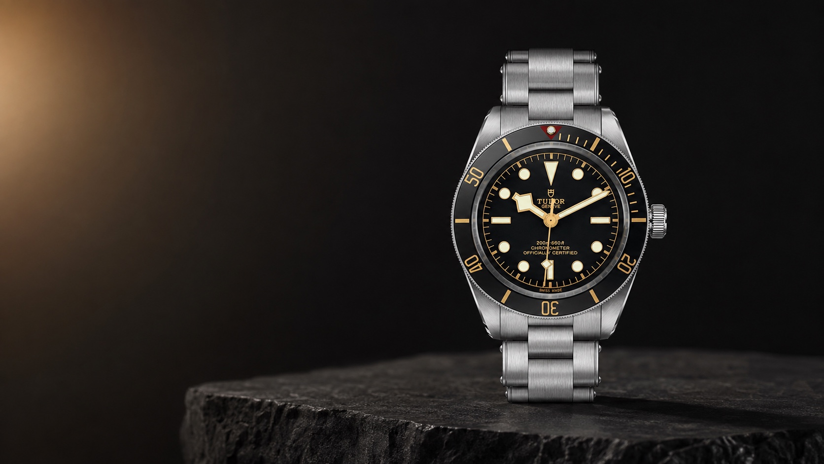 Tudor Black Bay Fifty-Eight M79030N-0001 in an AI-composed dark studio setting.