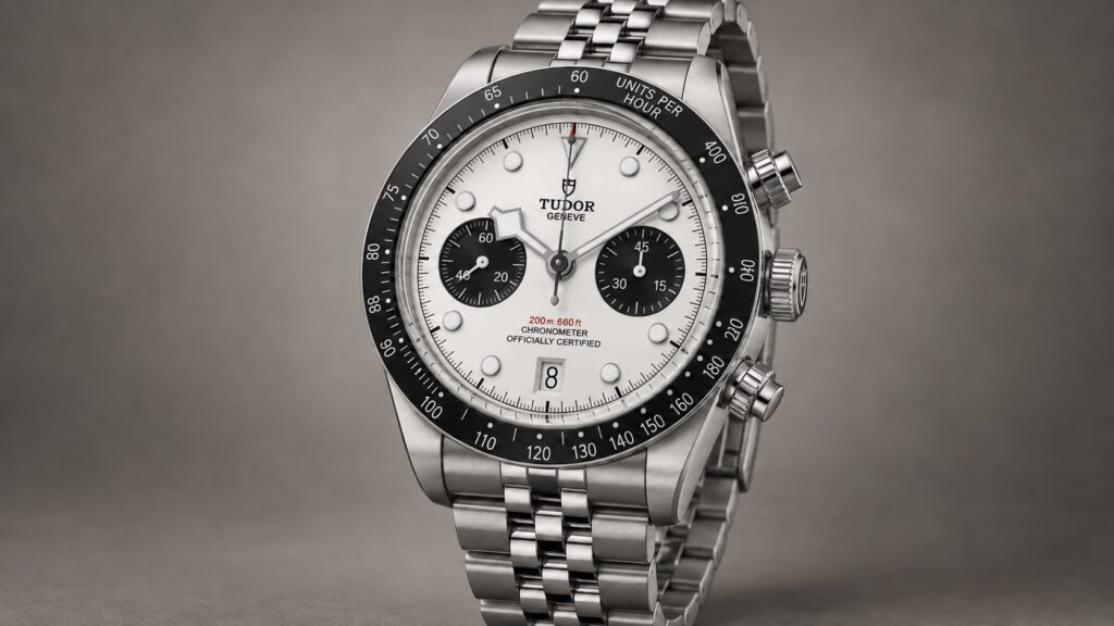 Illustration of the Tudor Black Bay Chrono panda dial M79360N-0014 on a five-link steel bracelet.