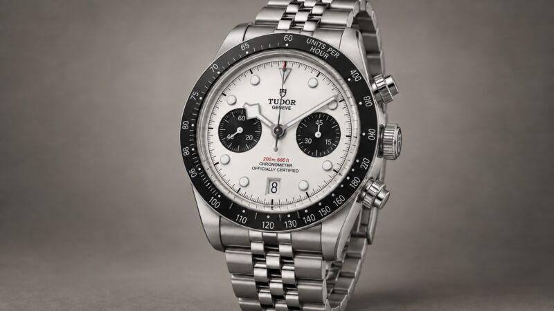 Illustration of the Tudor Black Bay Chrono panda dial M79360N-0014 on a five-link steel bracelet.